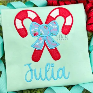 Candy Canes Crossed with a Bow Satin Stitch Applique