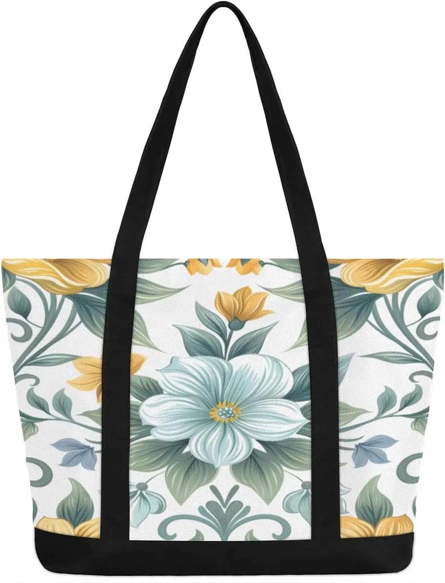 Canvas Tote Bag for Women Flower Reusable Grocery Shopping Bag with Zipper Women Gift