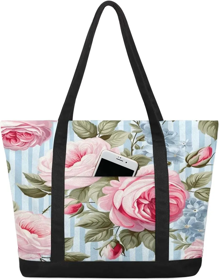 Canvas Tote Bag for Women Flower Reusable Grocery Shopping Bag with Zipper Women Gift