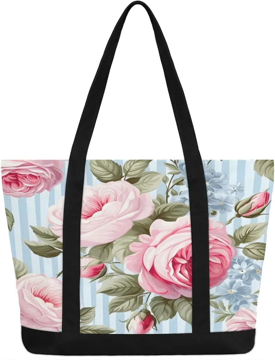 Canvas Tote Bag for Women Flower Reusable Grocery Shopping Bag with Zipper Women Gift