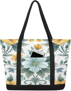 Canvas Tote Bag for Women Flower Reusable Grocery Shopping Bag with Zipper Women Gift