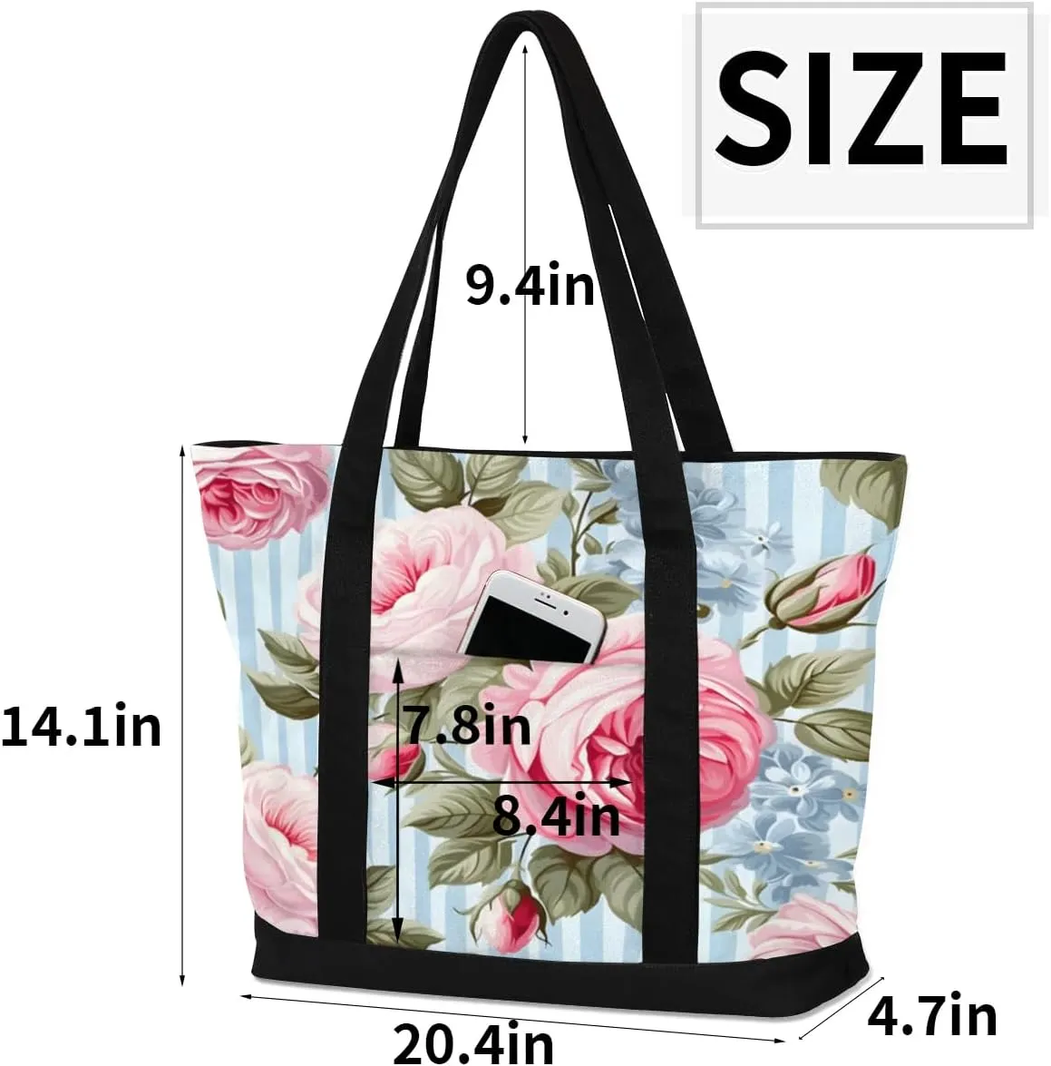 Canvas Tote Bag for Women Flower Reusable Grocery Shopping Bag with Zipper Women Gift