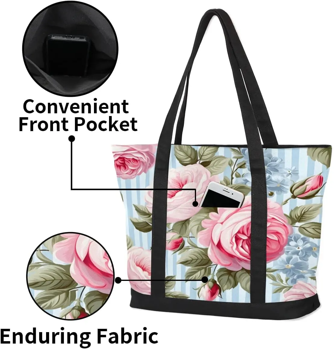 Canvas Tote Bag for Women Flower Reusable Grocery Shopping Bag with Zipper Women Gift