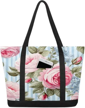 Canvas Tote Bag for Women Flower Reusable Grocery Shopping Bag with Zipper Women Gift