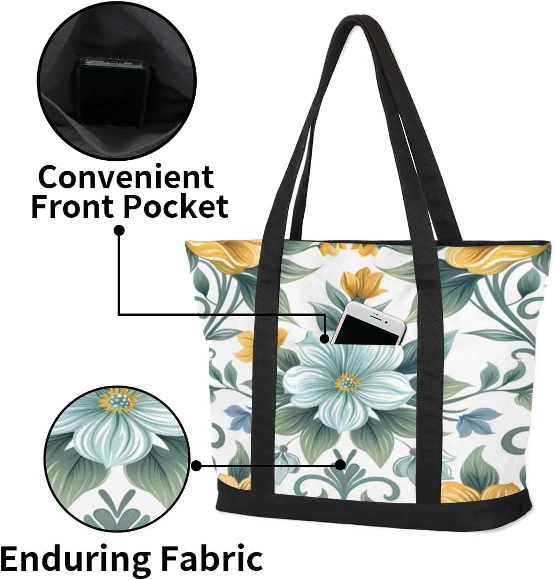 Canvas Tote Bag for Women Flower Reusable Grocery Shopping Bag with Zipper Women Gift