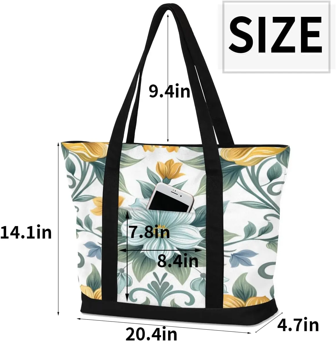 Canvas Tote Bag for Women Flower Reusable Grocery Shopping Bag with Zipper Women Gift