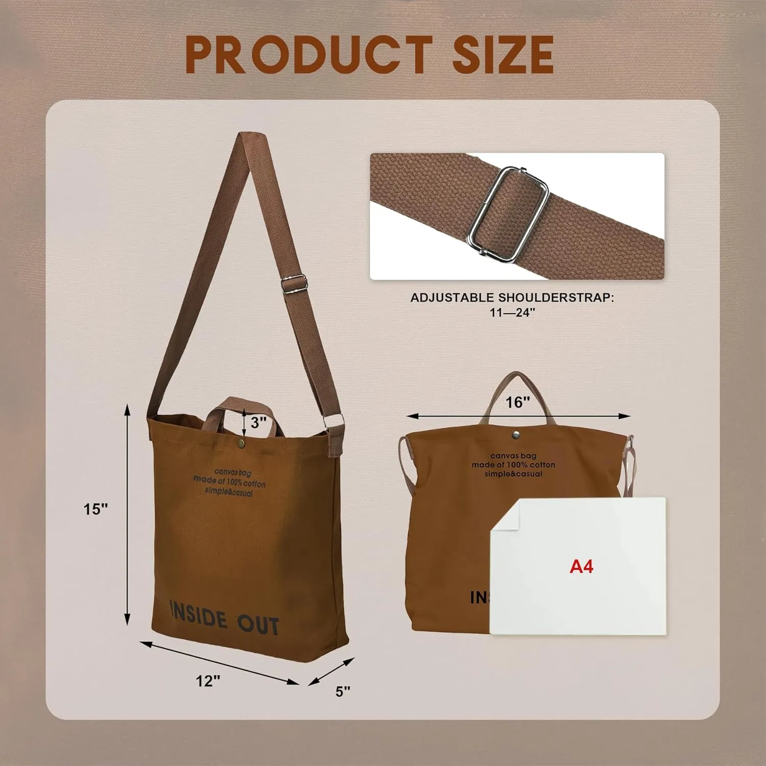 Canvas Tote Bag for Women - inside out Bag Large Canvas Crossbody Handbag Shoulder Bag for Work Travel Casual