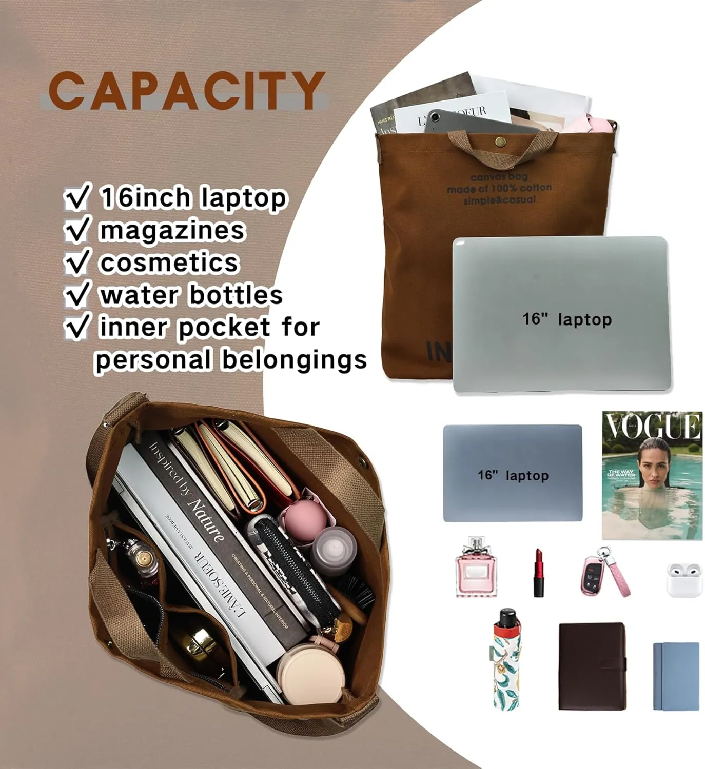 Canvas Tote Bag for Women - inside out Bag Large Canvas Crossbody Handbag Shoulder Bag for Work Travel Casual