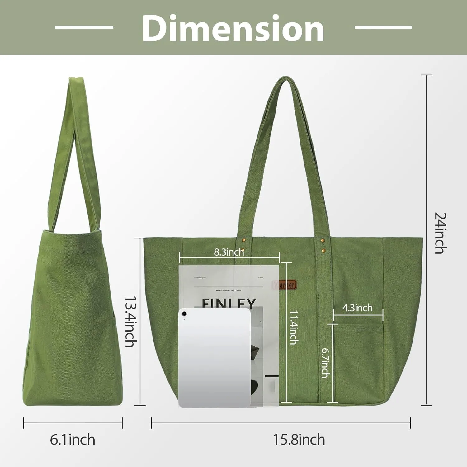 Canvas Tote Bag for Women, Large Canvas Tote Bag with 2 Front Pockets Laptop Compartment, Work, Beach, Gym Essentials