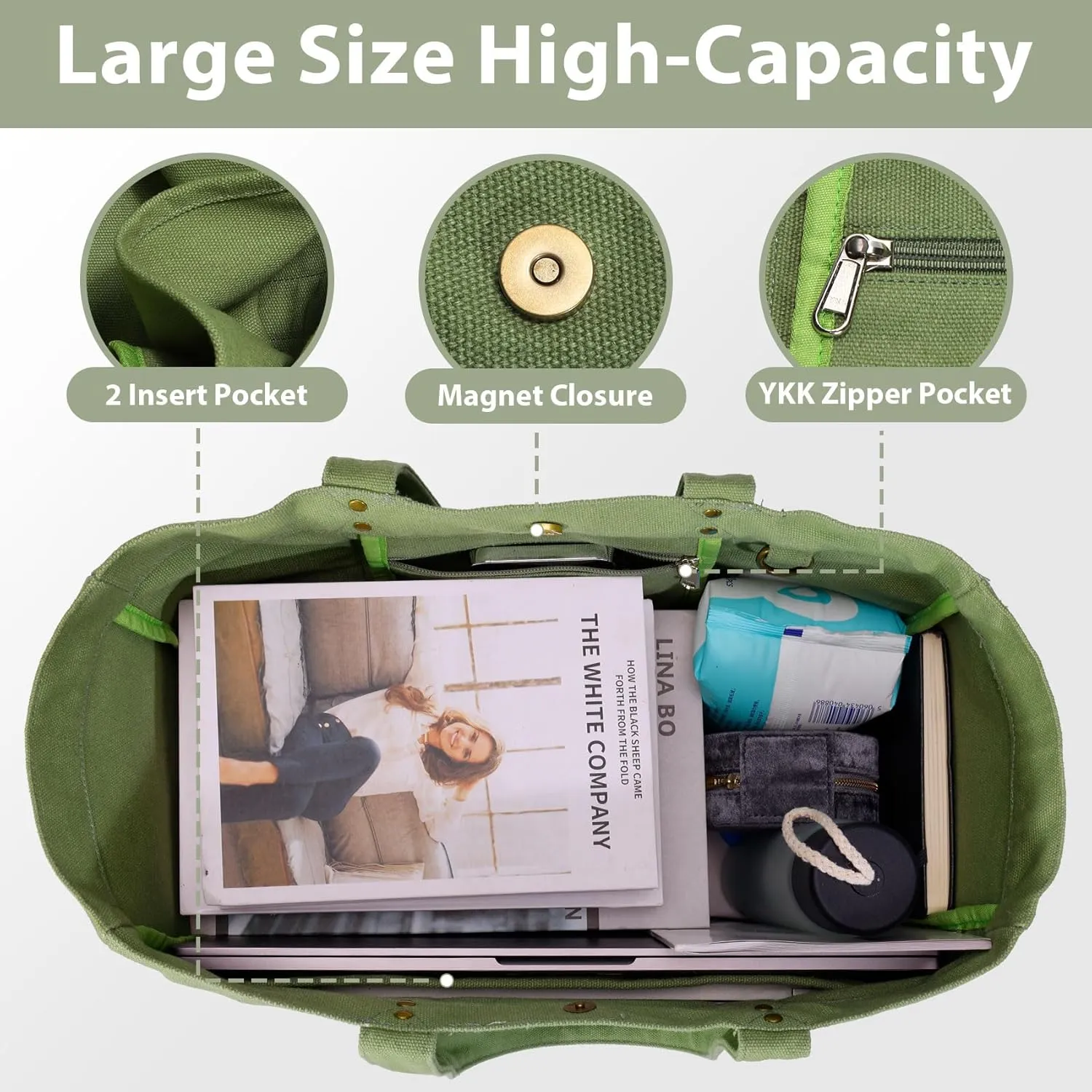 Canvas Tote Bag for Women, Large Canvas Tote Bag with 2 Front Pockets Laptop Compartment, Work, Beach, Gym Essentials