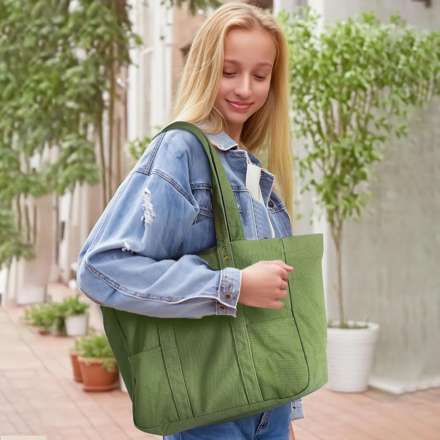 Canvas Tote Bag for Women, Large Canvas Tote Bag with 2 Front Pockets Laptop Compartment, Work, Beach, Gym Essentials