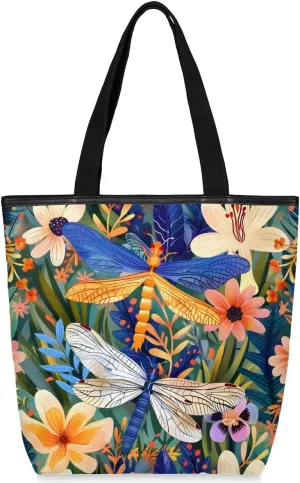 Canvas Tote Bag for Women Large Tote Bag with Zipper & Pockets Canvas Beach Bag Florals Dragonfly Shoulder Bag Reusable Shopping Bags Cute Tote Bags for Work Travel