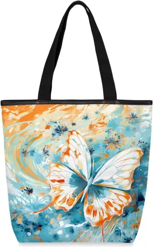 Canvas Tote Bag for Women Men Glare Butterfly Canvas Handbag Shoulder Tote Bag with Zipper Closure Reusable Grocery Bag Shopping Cloth Bag with Handles for Beach Gym Picnic Work