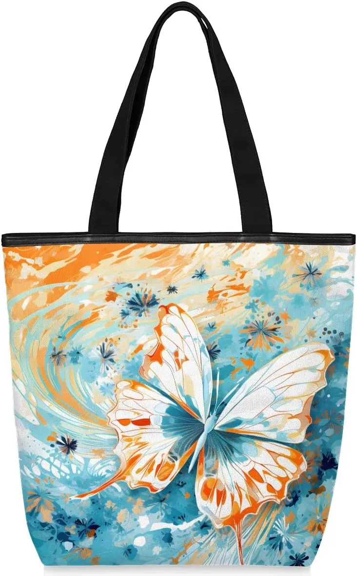 Canvas Tote Bag for Women Men Glare Butterfly Canvas Handbag Shoulder Tote Bag with Zipper Closure Reusable Grocery Bag Shopping Cloth Bag with Handles for Beach Gym Picnic Work