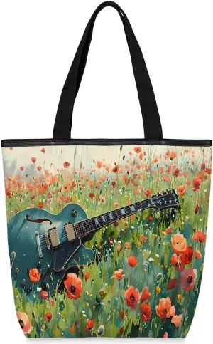 Canvas Tote Bag for Women Men Guitar Poppy Flowers Lawn Canvas Handbag Shoulder Tote Bag with Zipper Closure Reusable Grocery Bag Shopping Cloth Bag with Handles for Beach Gym Picnic Work