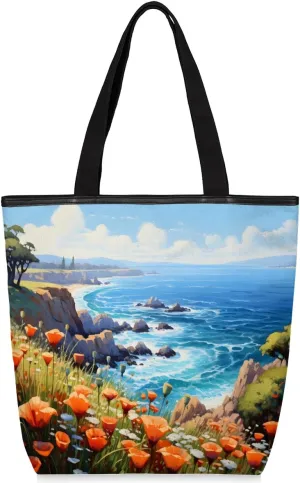 Canvas Tote Bag for Women Men Seashores Poppies Field Canvas Handbag Shoulder Tote Bag with Zipper Closure Reusable Grocery Bag Shopping Cloth Bag with Handles for Beach Gym Picnic Work