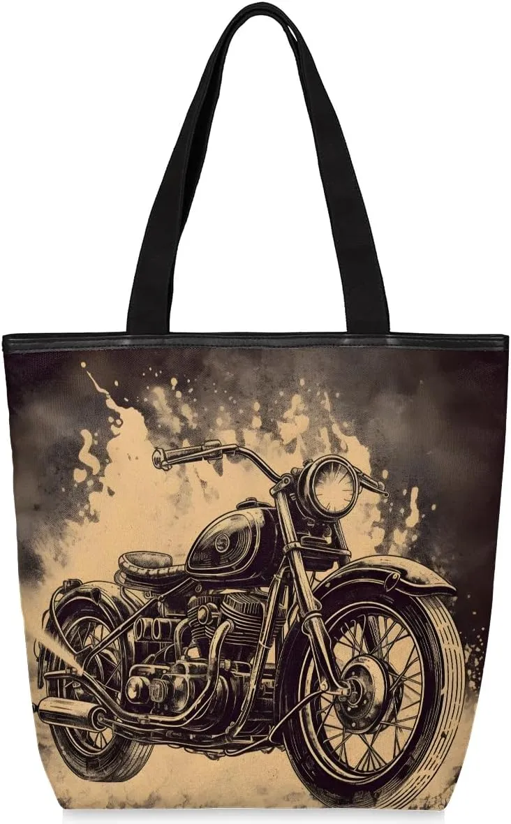 Canvas Tote Bag for Women Men Twin Cylinder Locomotive Canvas Handbag Shoulder Tote Bag with Zipper Closure Reusable Grocery Bag Shopping Cloth Bag with Handles for Beach Gym Picnic Work