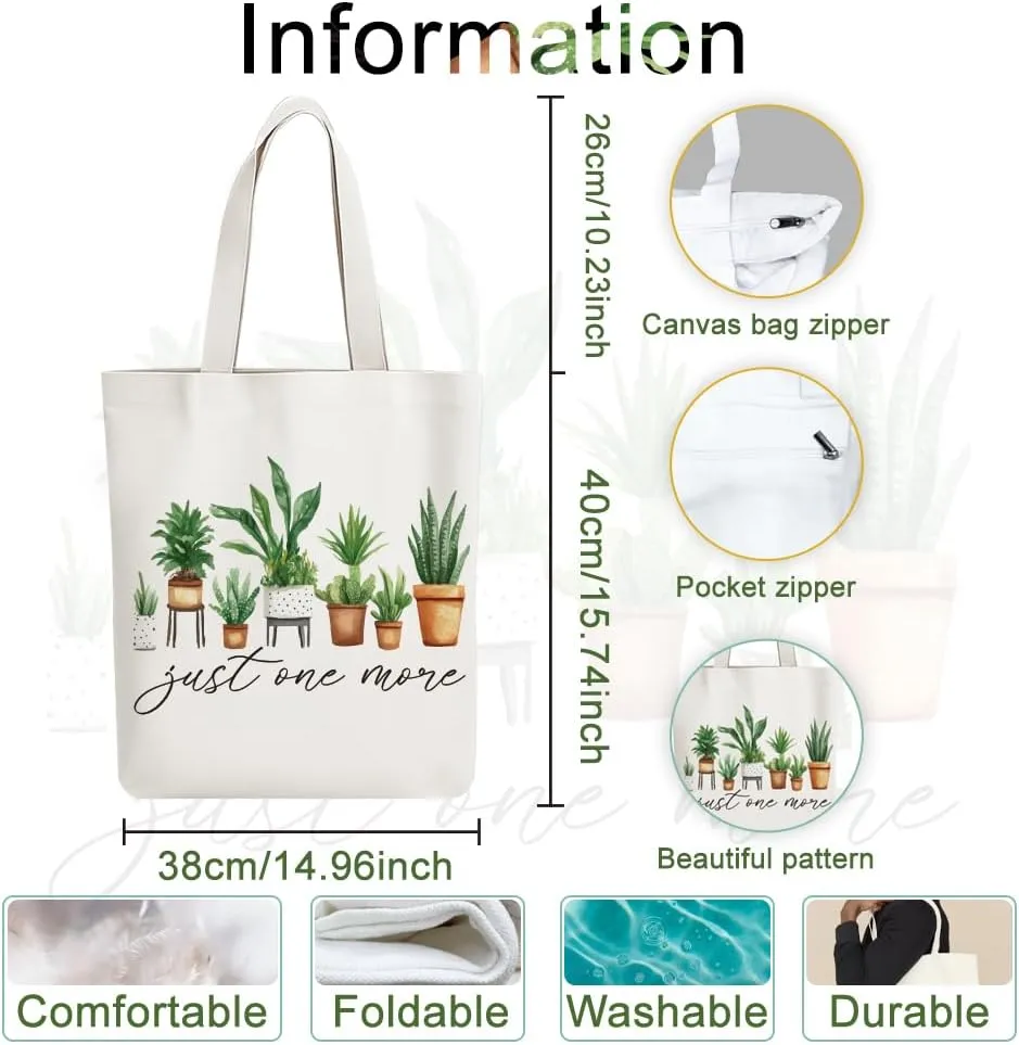 Canvas Tote Bag Plant and Words Reusable Cotton Bag for Women, Durable Cloth Shoulder Bags with Zipper Pockets for Shopping, Vacation, Work, Gym