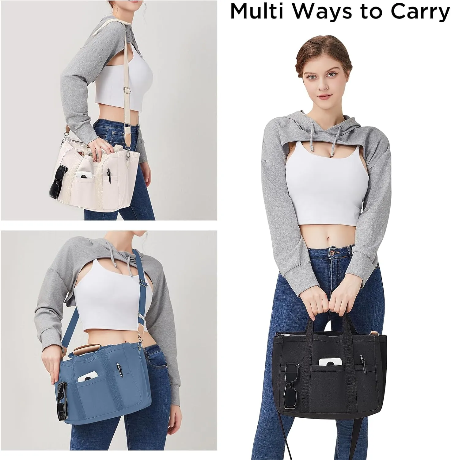Canvas Tote Bag with Multi Pockets Crossbody Tote Bag for Women Bible Handbag Everything Tote Bags with Compartments