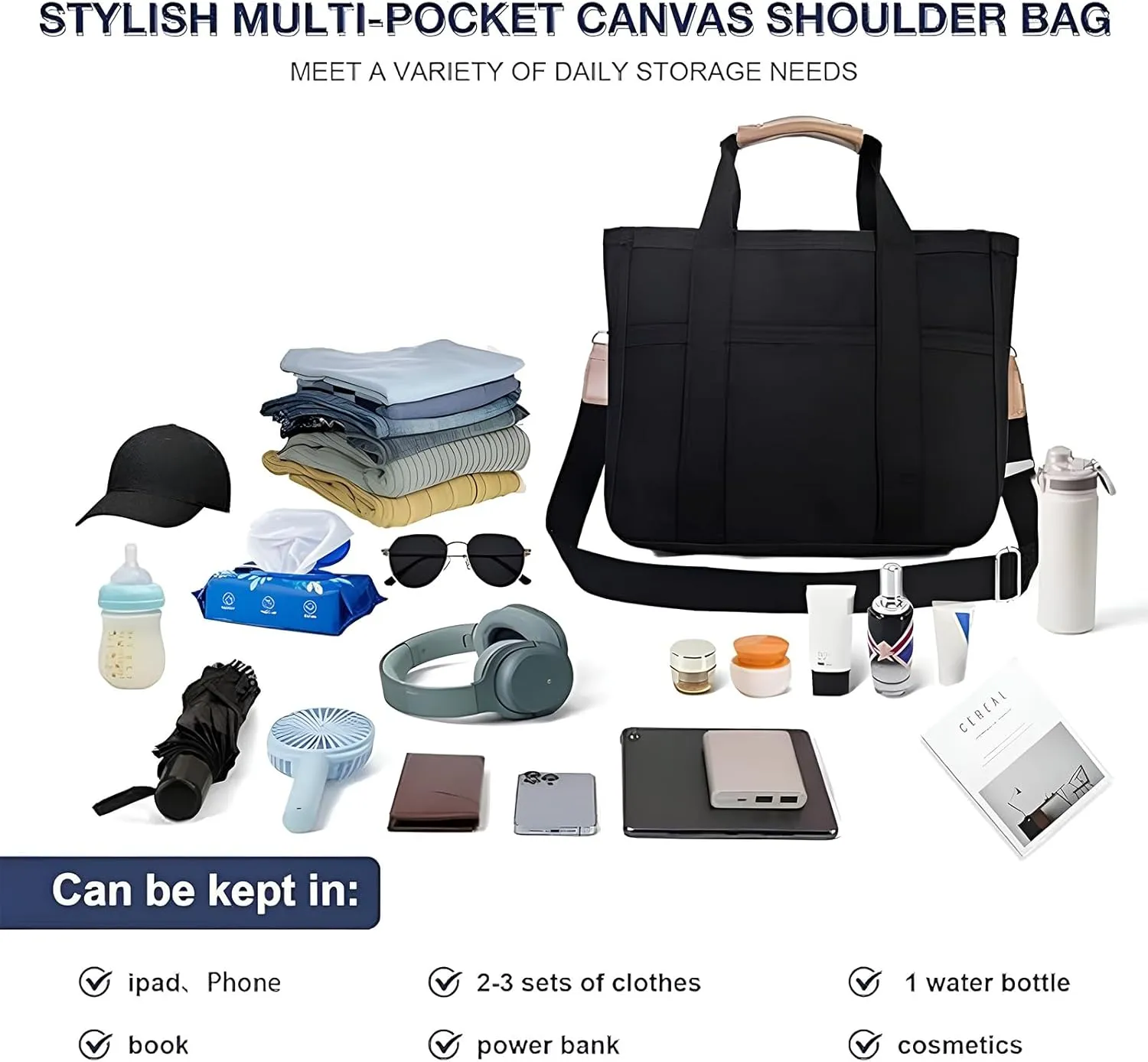 Canvas Tote Bag with Multi Pockets Durable Large Capacity Crossbody Handbag Casual Practical Shoulder Bag