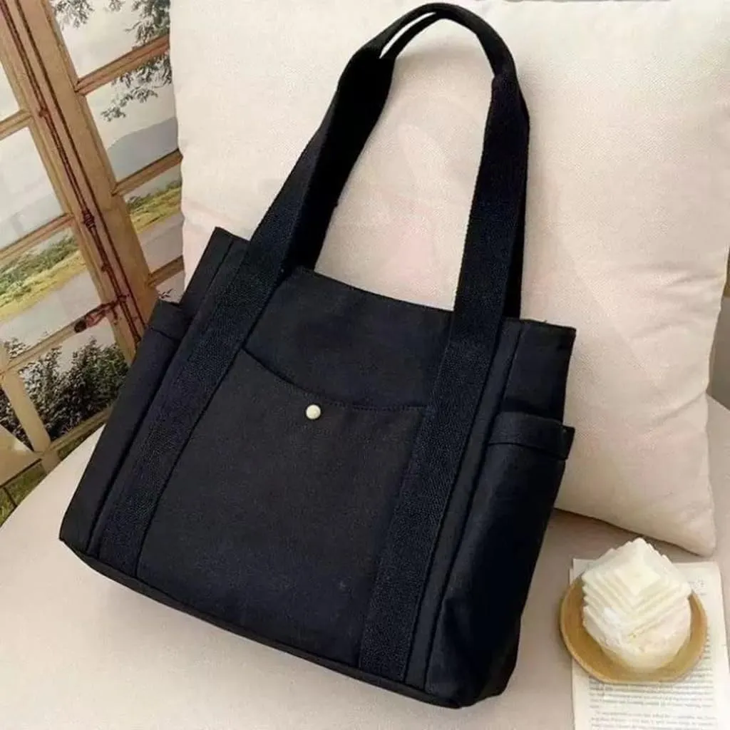 Canvas Tote Bag with Zipper, Beige Black Multi Pocket Shoulder Bag for Women, Medium Handbag Purse for Work