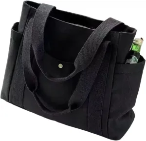 Canvas Tote Bag with Zipper, Beige Black Multi Pocket Shoulder Bag for Women, Medium Handbag Purse for Work