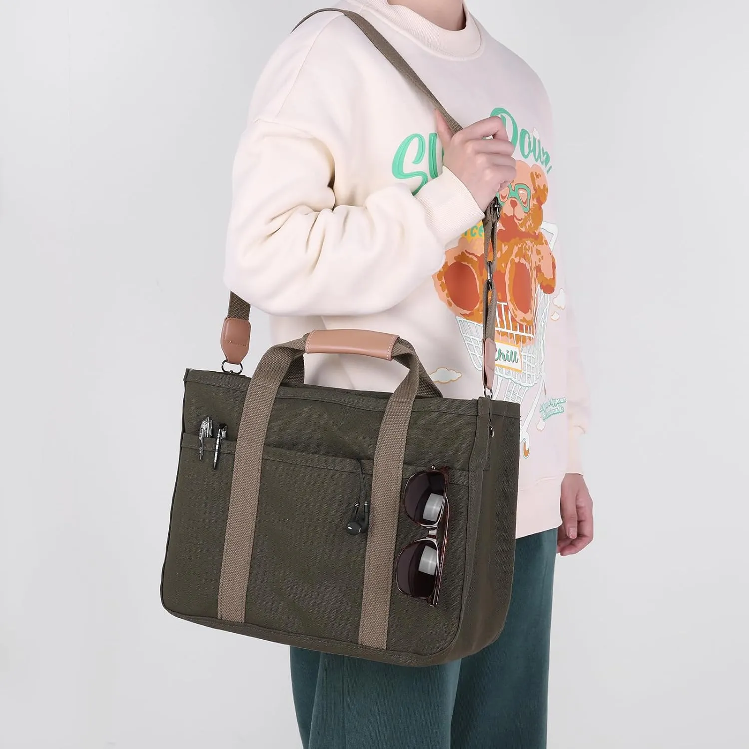 Canvas Tote With Multi Pockets for Women - Handbag, Mommy Bag, Casual Shoulder Crossbody With Compartments
