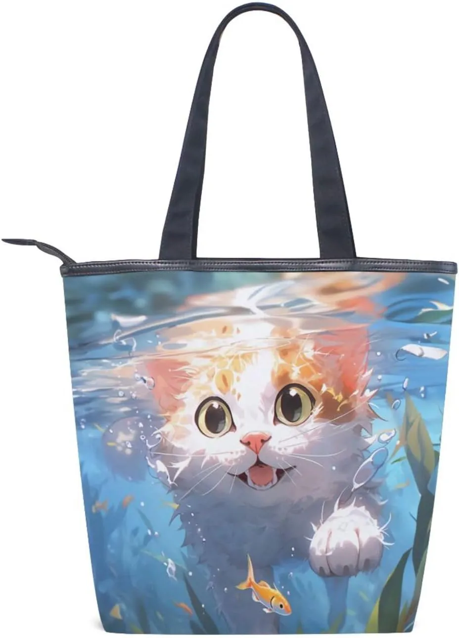 Canvas Women Tote Handbag Shoulder Classic Bags Bags with Multiple Pockets Compartments Daily Commute Cat Print