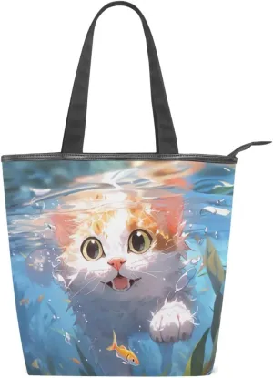 Canvas Women Tote Handbag Shoulder Classic Bags Bags with Multiple Pockets Compartments Daily Commute Cat Print