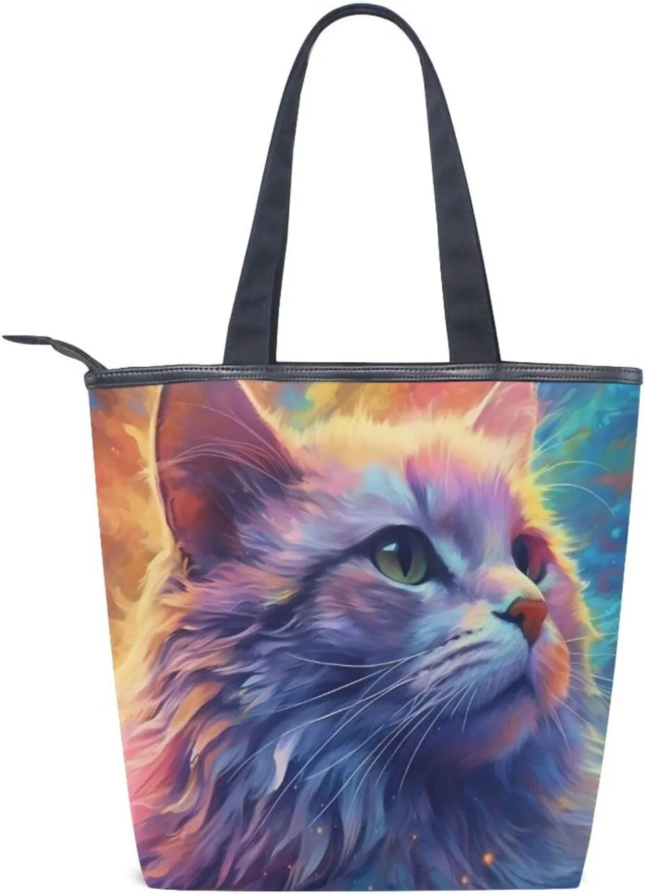 Canvas Women Tote Handbag Shoulder Classic Bags Bags with Multiple Pockets Compartments Daily Commute Cat Print