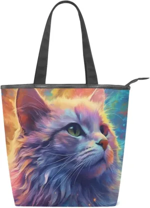 Canvas Women Tote Handbag Shoulder Classic Bags Bags with Multiple Pockets Compartments Daily Commute Cat Print