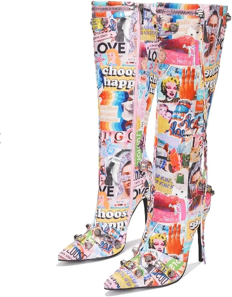 Cape Robbin Womem Knee High Boots Pointed Toe Stiletto Heels Side Zipper Rivets Tassels Boots
