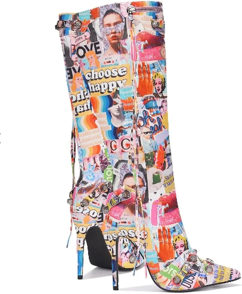 Cape Robbin Womem Knee High Boots Pointed Toe Stiletto Heels Side Zipper Rivets Tassels Boots