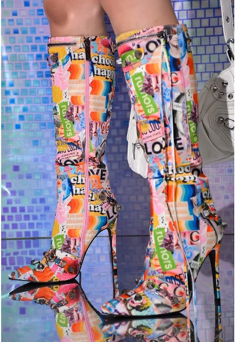 Cape Robbin Womem Knee High Boots Pointed Toe Stiletto Heels Side Zipper Rivets Tassels Boots