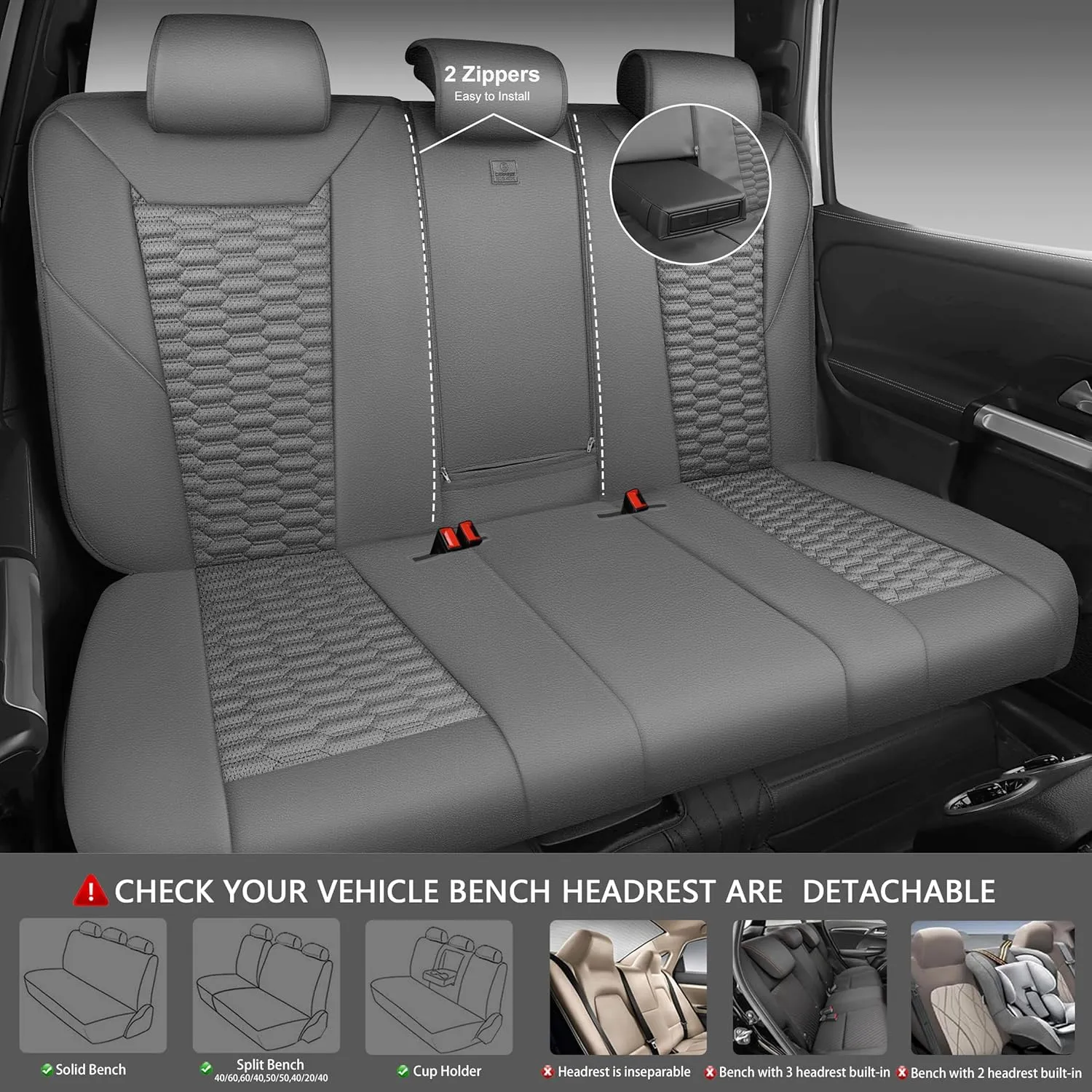 CAR PASS 3D Foam PU Leather Car Seat Covers Full Set,Luxury Breathable Faux Leather Seat Covers for Car,Anti Slip Universal Fit for SUVs Vans Sedan Truck Automotive,Armrest Airbag Compatible All Gray