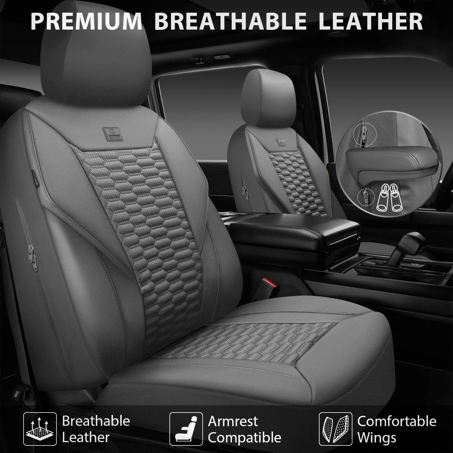 CAR PASS 3D Foam PU Leather Car Seat Covers Full Set,Luxury Breathable Faux Leather Seat Covers for Car,Anti Slip Universal Fit for SUVs Vans Sedan Truck Automotive,Armrest Airbag Compatible All Gray