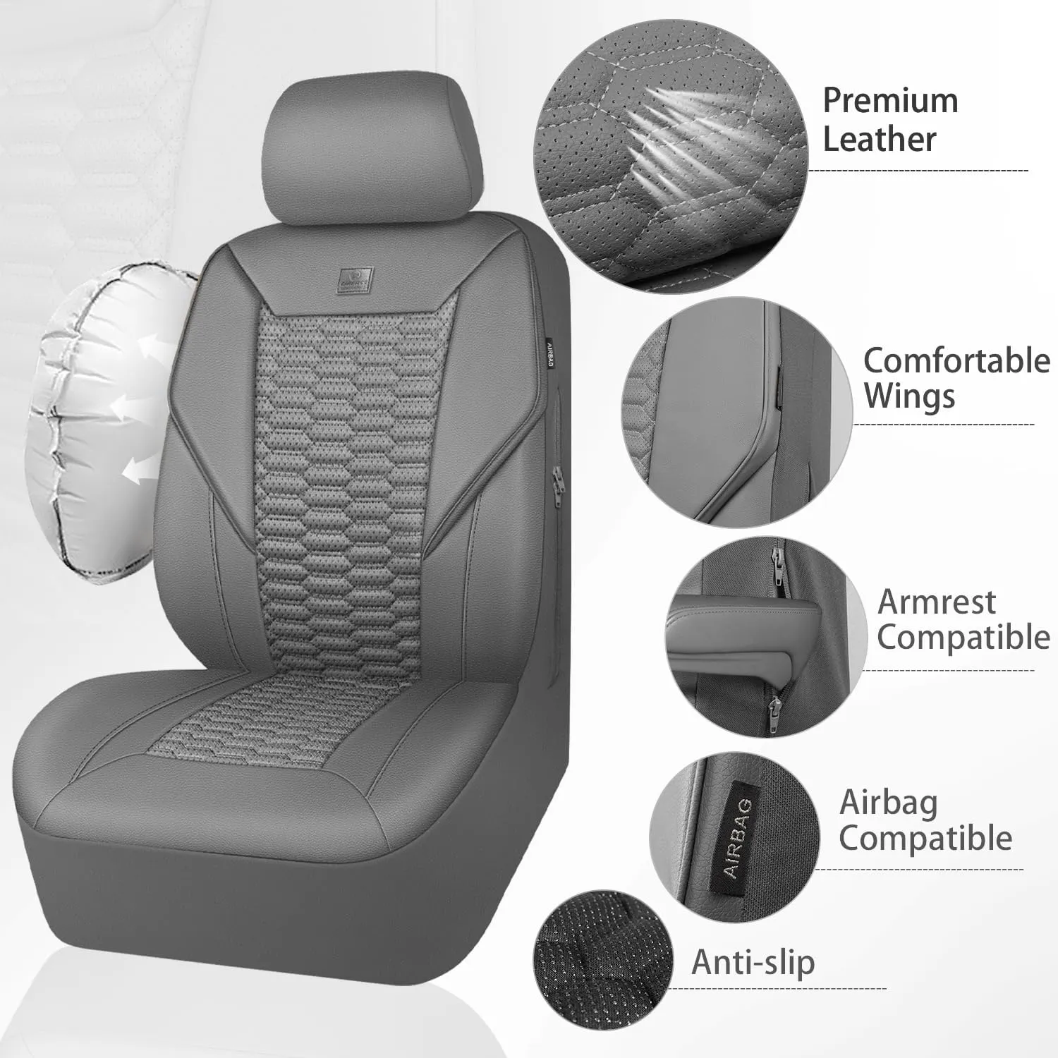 CAR PASS 3D Foam PU Leather Car Seat Covers Full Set,Luxury Breathable Faux Leather Seat Covers for Car,Anti Slip Universal Fit for SUVs Vans Sedan Truck Automotive,Armrest Airbag Compatible All Gray