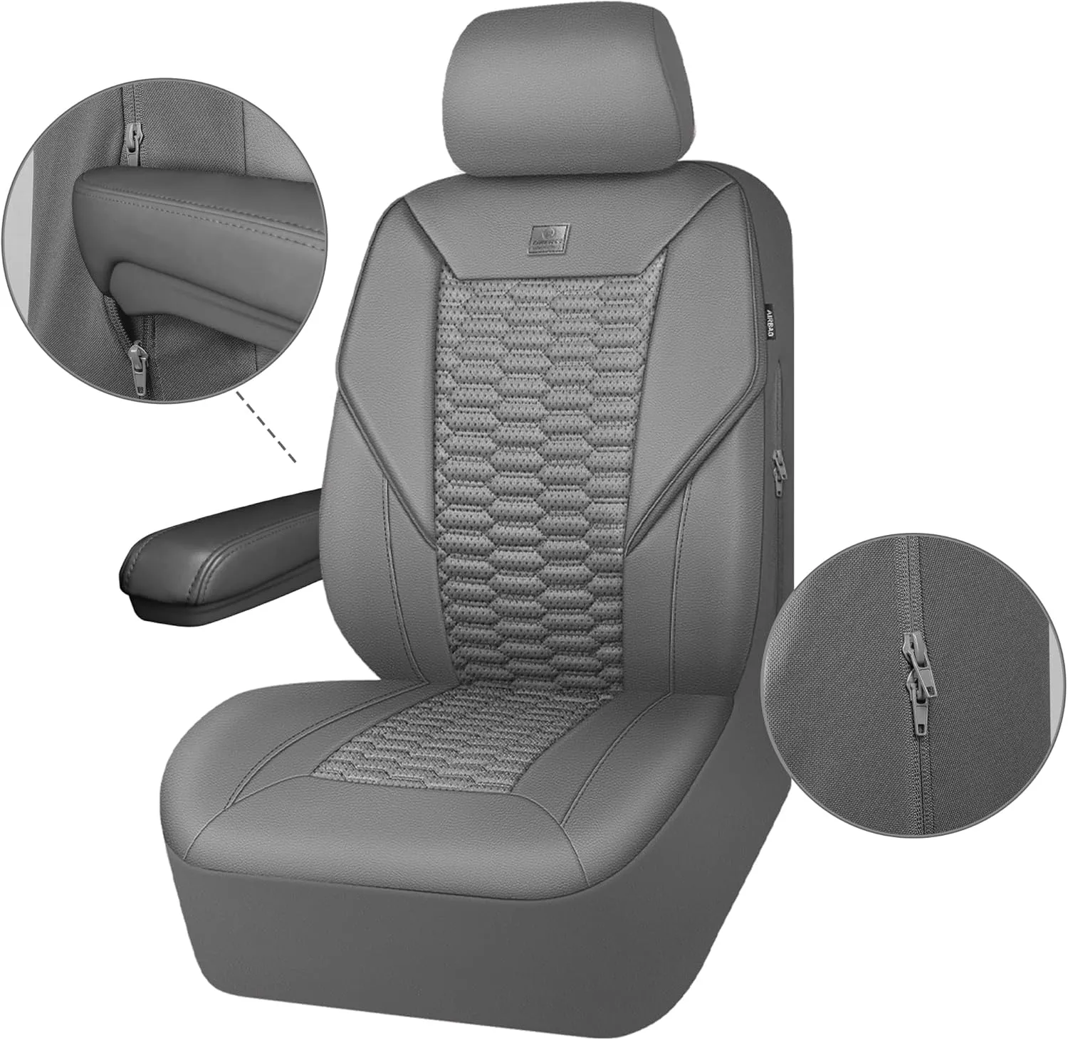CAR PASS 3D Foam PU Leather Car Seat Covers Full Set,Luxury Breathable Faux Leather Seat Covers for Car,Anti Slip Universal Fit for SUVs Vans Sedan Truck Automotive,Armrest Airbag Compatible All Gray