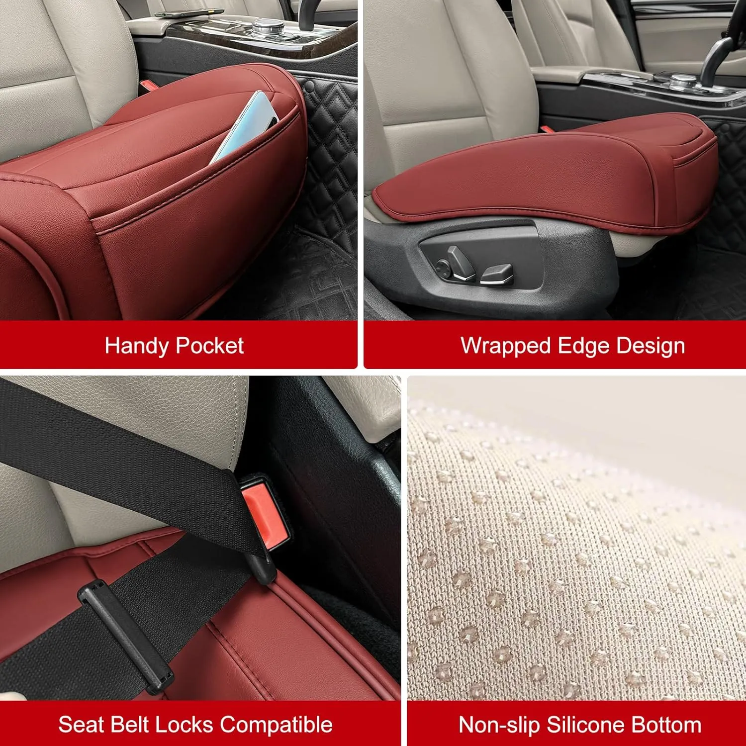 Car Seat Cover for Luxury & Comfort - PU Leather, Anti-Slip, Full Wrap Protection with Storage Pocket for Bottom Cushion - Universal Fit for 95% of Vehicles (Dull-red,1 Piece)