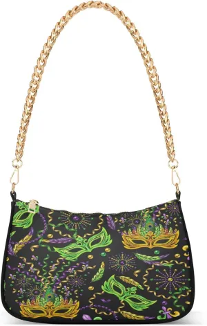 Carnival Mardi Gras Masks Fleur De Lis Womens Shoulder Bag for Women Girls Hobo Tote Handbag Gold Chain Crossbody Bag with Zipper Clutch Purse Handbags