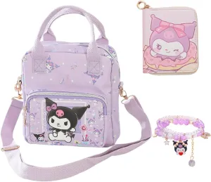 Cartoon Mini Crossbody Bag, Cute Mini Wallet for Women and Girl, PU Messenger Shoulder Bag Purse and Bracelet, 3Pcs