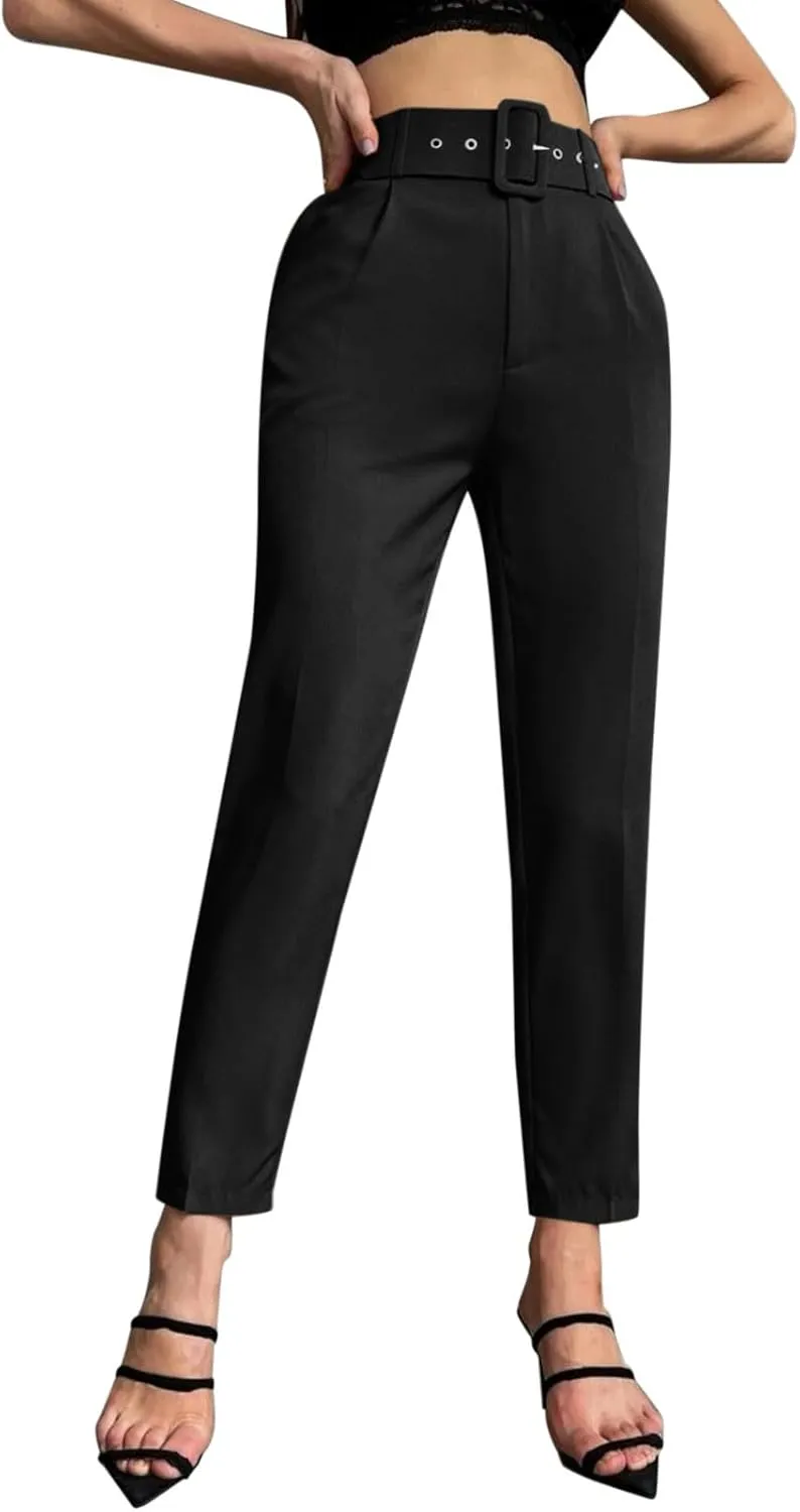 Casual Belted Dress Pants for Women Slim Fit Office Work Pencil Pants High Waisted Straight Leg Pull-On Trousers with Pockets