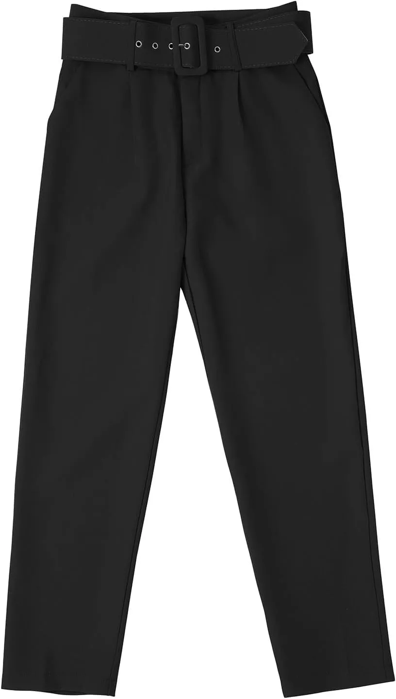 Casual Belted Dress Pants for Women Slim Fit Office Work Pencil Pants High Waisted Straight Leg Pull-On Trousers with Pockets