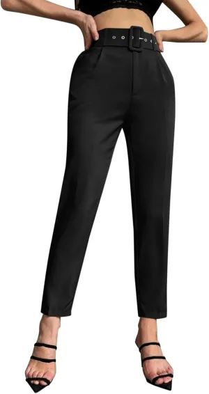 Casual Belted Dress Pants for Women Slim Fit Office Work Pencil Pants High Waisted Straight Leg Pull-On Trousers with Pockets