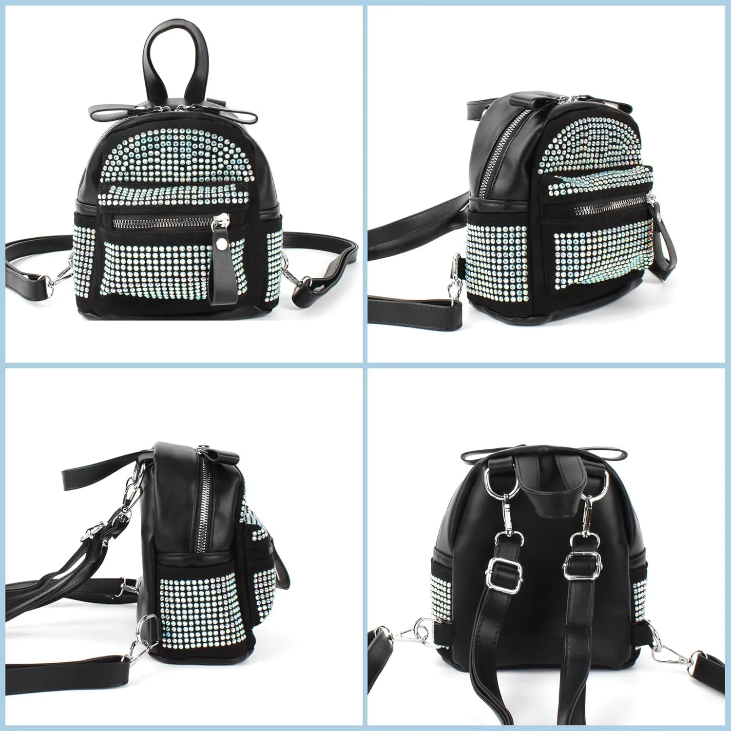 Casual Rhinestone Mini Backpack Gothic Daypack Purse Studded Faux Leather Small Travel for Women Ladies, Multicolor