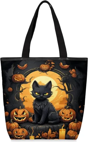 Cat Pumpkin Lamp Canvas Tote Bag with Zipper and Pockets Canvas Tote Shopping Bag Women Reusable Grocery Bag for Beach Travel Gym Shopping