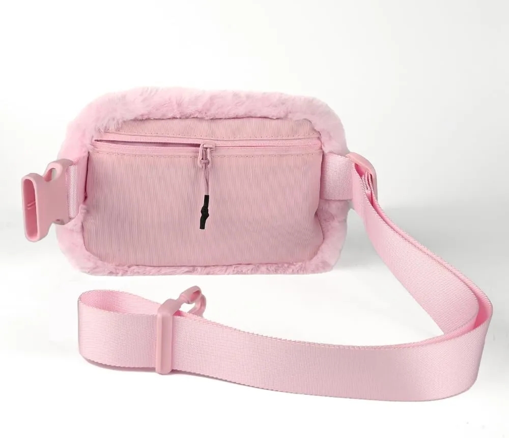 C.C Faux Fur Fanny Pack For Women Unisex - Fuzzy Daily Waist Crossbody Belt bag With Adjustable Strap (Baby Pink)