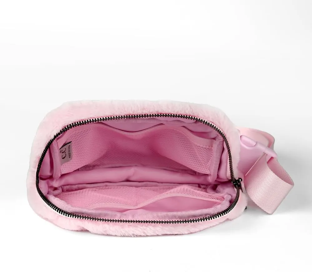 C.C Faux Fur Fanny Pack For Women Unisex - Fuzzy Daily Waist Crossbody Belt bag With Adjustable Strap (Baby Pink)