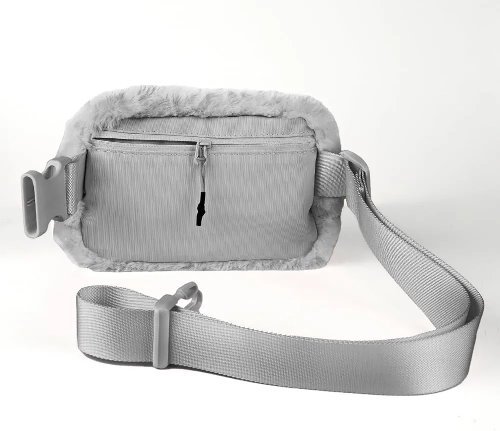 C.C Faux Fur Fanny Pack For Women Unisex - Fuzzy Daily Waist Crossbody Belt bag With Adjustable Strap (Lt. Grey)