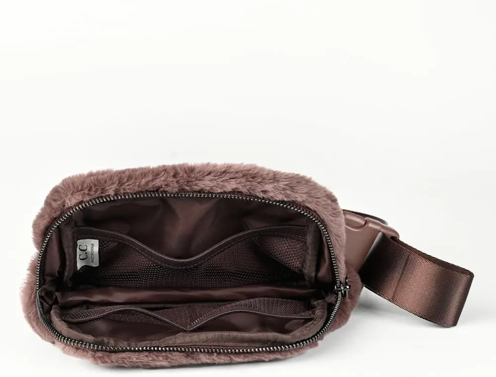 C.C Faux Fur Fanny Pack For Women Unisex - Fuzzy Daily Waist Crossbody Belt bag With Adjustable Strap (Mocha)